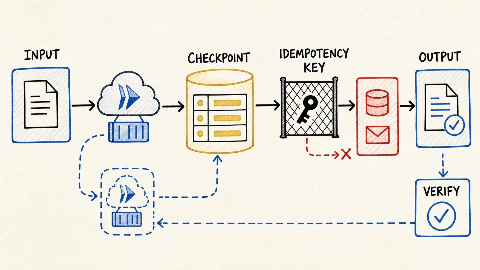 Diagram shows a pipeline with a persistent checkpoint and an idempotency key blocking duplicate output.