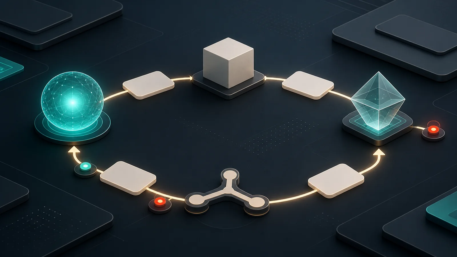 Abstract loop shows action, gate, evidence and retry for coding agents with no visible text.