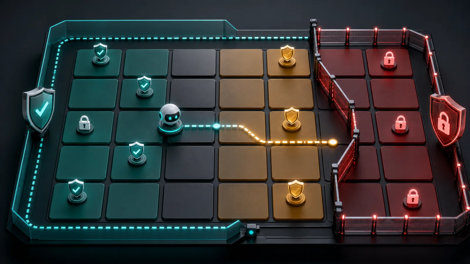 Abstract matrix shows permission, review and blocked zones for coding agents with no visible text.