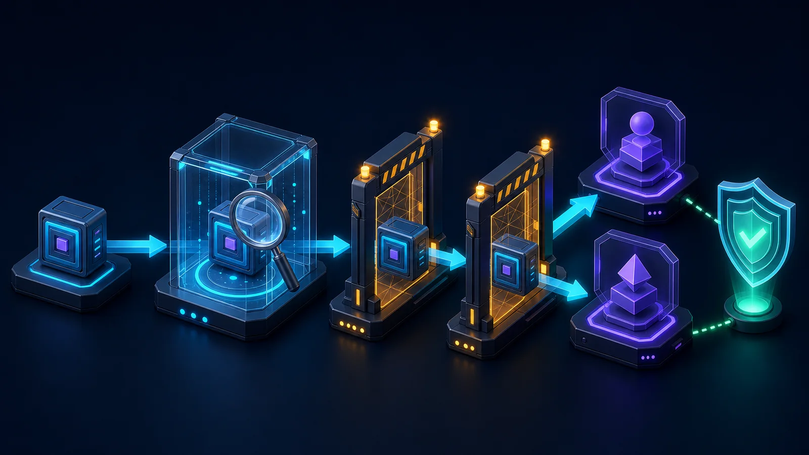 An abstract tool passes through inspection and guarded gates before reaching two agents, with no visible text.