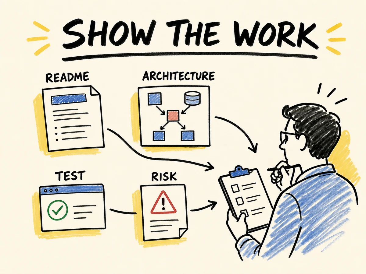 Diagrama mostra README, arquitetura, teste e risco chegando a uma revisão de engenharia.