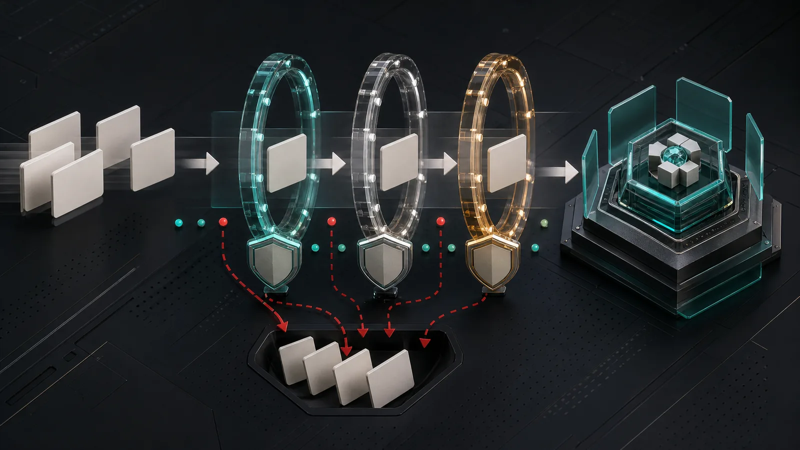 Abstract diagram showing context cards passing through permission rings before reaching an agent with no visible text.